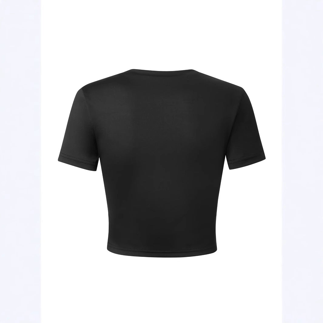 Damen Kurzarm T-Shirt mit elegantem Schleifenmuster und figurbetontem Design Drune