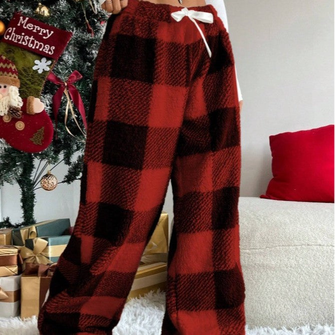 Damen nan kuschelige karierte Fleece-Hose mit Tunnelzugbund und weitem Bein Drune