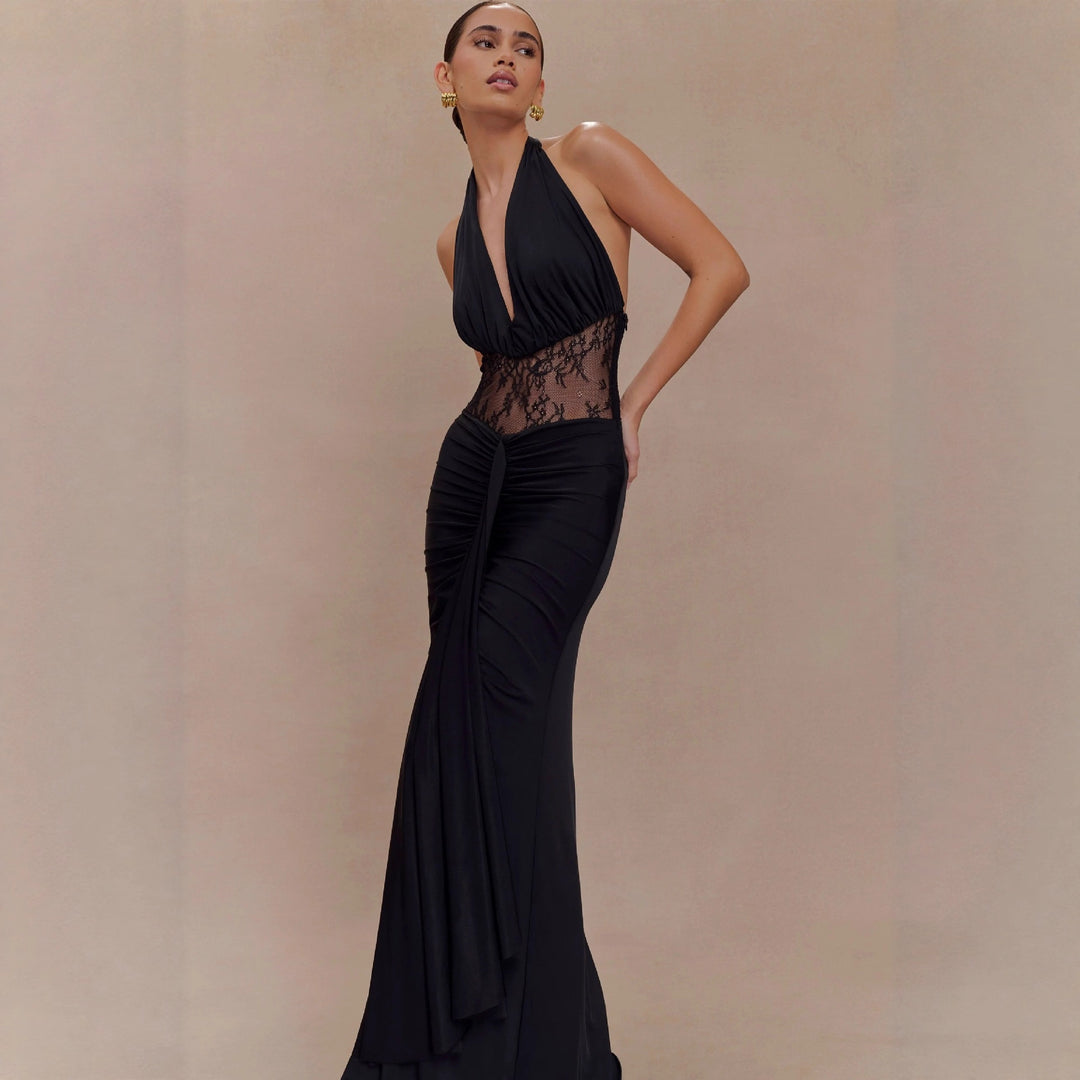 Damen Elegantes Maxikleid mit raffiniertem Spitzenbesatz und Drapierungen Drune
