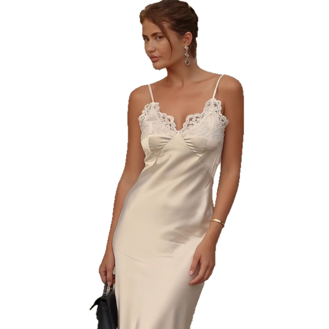 Damen elegantes Satin Maxikleid mit Spitzenbesatz und schmalem Trägerdesign Drune