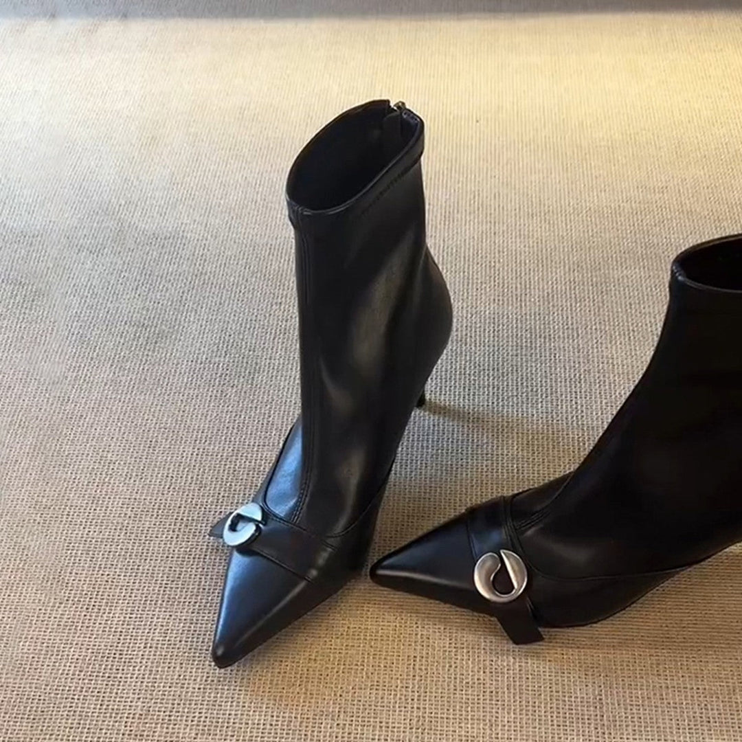 Damen elegante Ankle Boots mit spitzem Schnitt und dekorativer Schnalle Drune