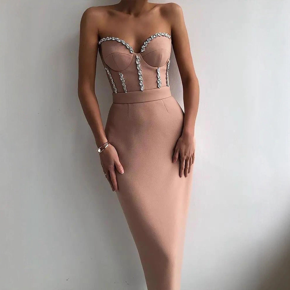 Damen figurbetontes Abendkleid mit eleganter Bustier-Optik und schimmernden Applikationen Drune
