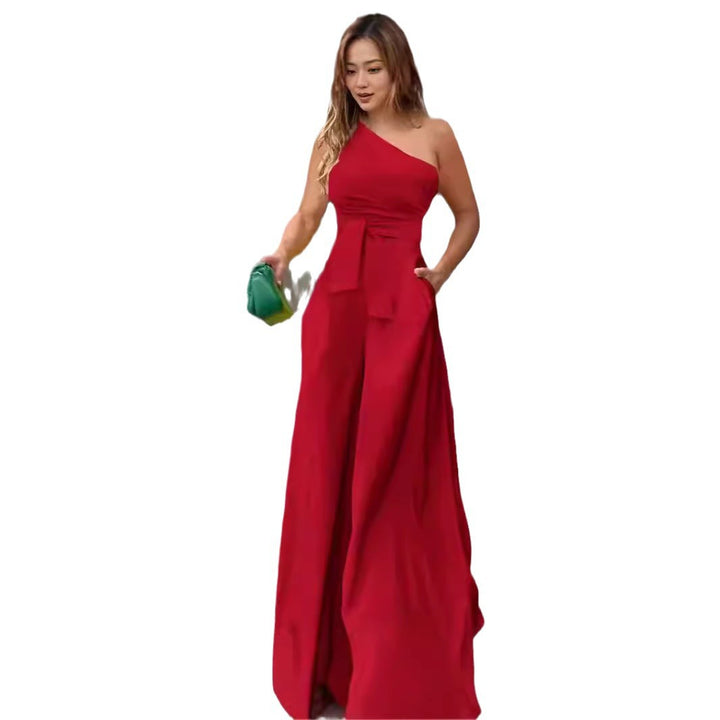 Damen Eleganter Ein-Schulter Jumpsuit mit Gürtel und weitem Bein Drune