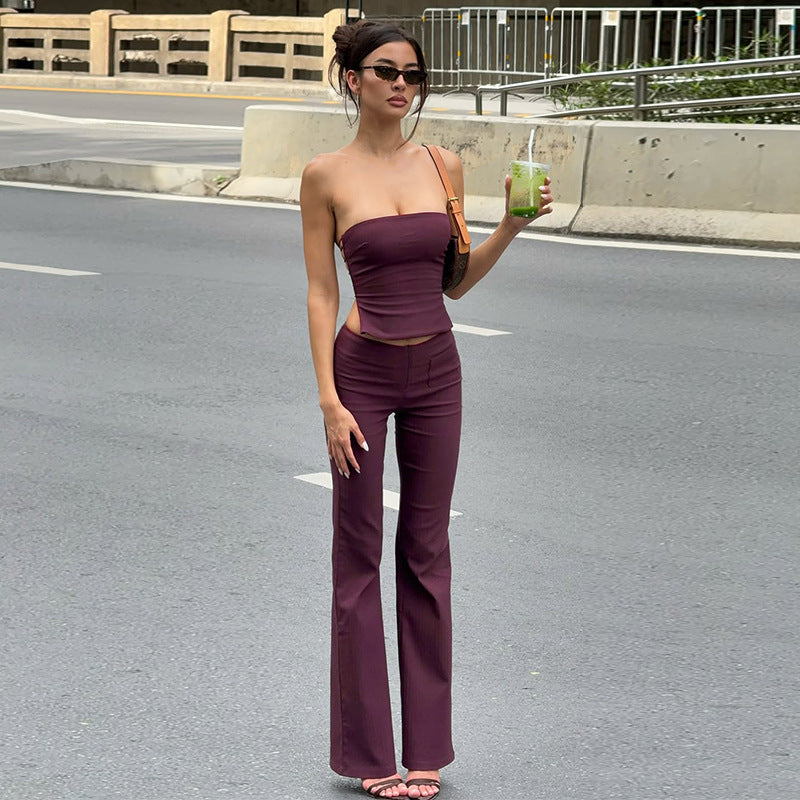 Damen elegantes Set aus trägerlosem Oberteil und flared Hose Drune