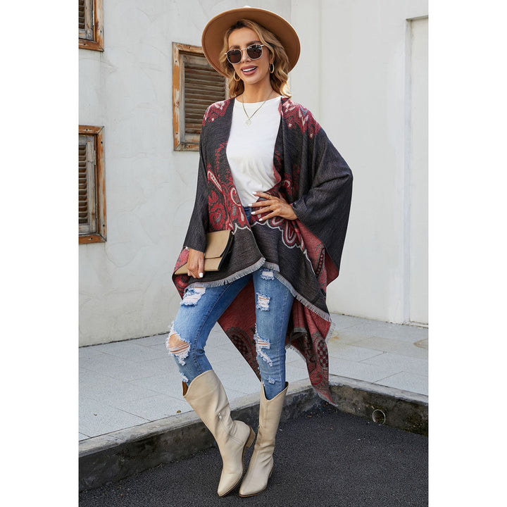 Damen Eleganter Kimono-Poncho mit kunstvollem Muster und fransigen Kanten Drune