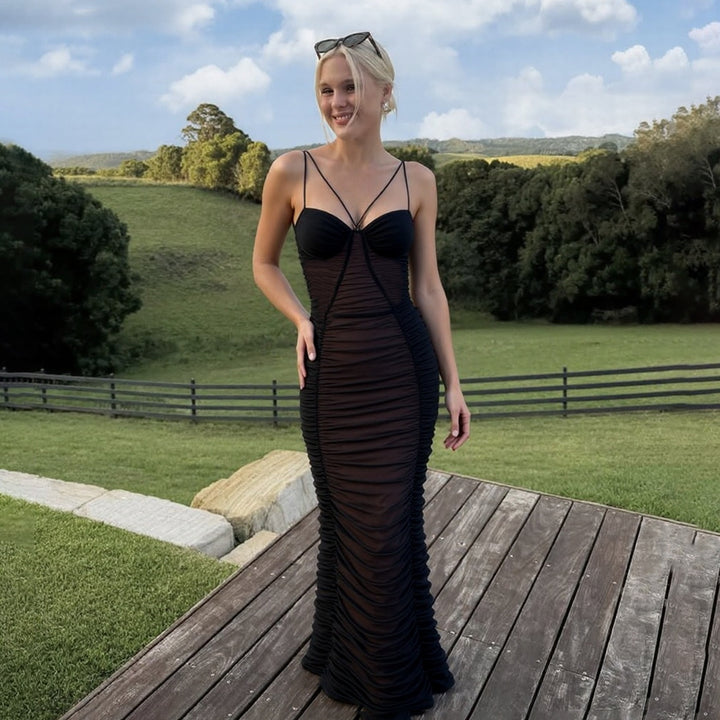 Damen Elegantes Maxikleid mit raffinierten Rüschendetails und feinen Spaghettiträgern Drune