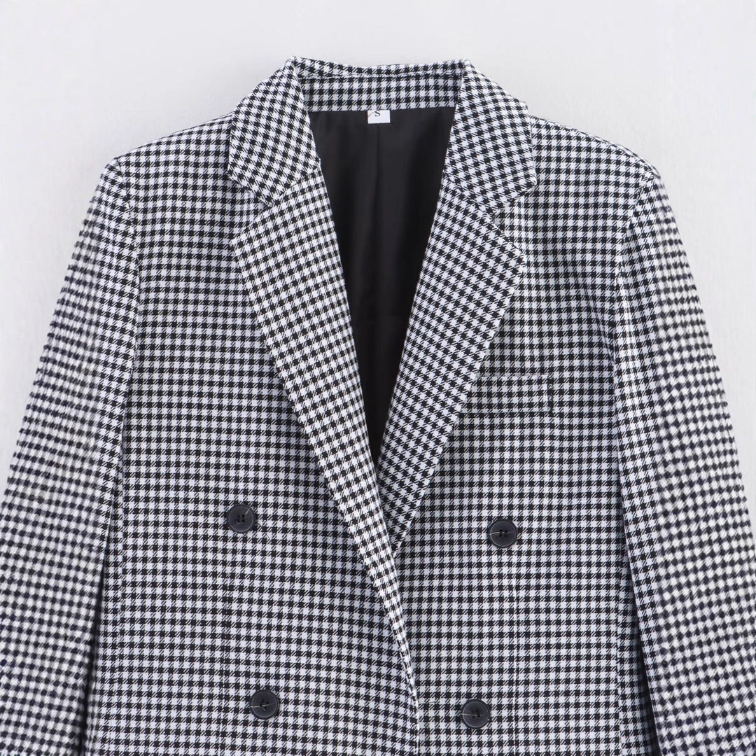 Damen karierter Blazer mit doppelter Knopfleiste und strukturiertem Stoff Drune