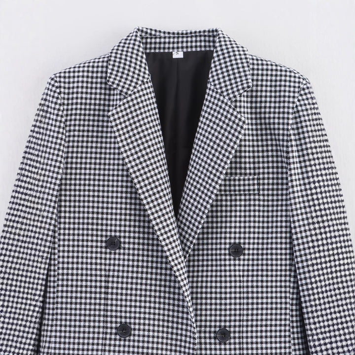Damen karierter Blazer mit doppelter Knopfleiste und strukturiertem Stoff Drune