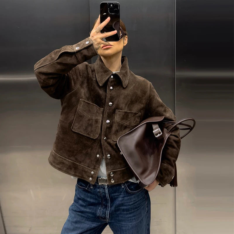 Damen Modische Wildlederjacke mit praktischen Taschen Drune