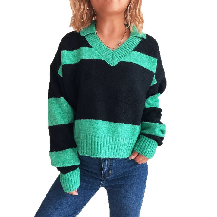 Damen Strickpullover mit modischen Streifen und V-Ausschnitt Drune