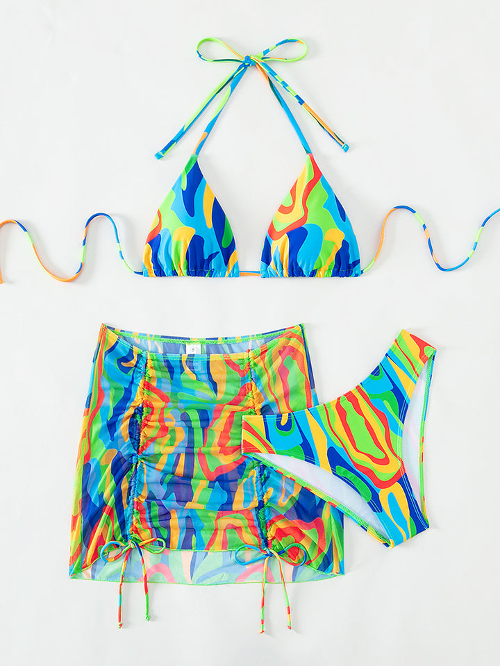 Damen Buntes Triangel-Bikini-Set mit transparentem Rock Drune