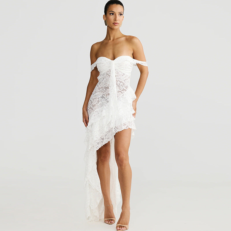 Damen asymmetrisches Spitzenkleid mit Rüschendetails Drune