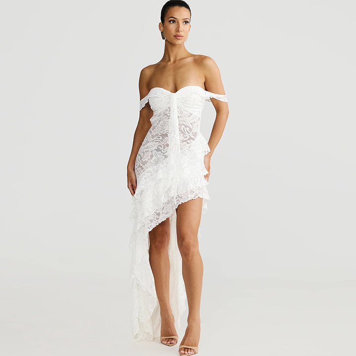 Damen asymmetrisches Spitzenkleid mit Rüschendetails Drune