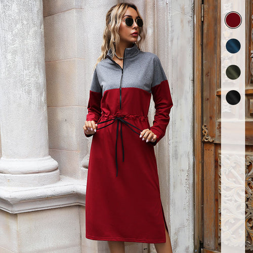Damen Sportliches Midikleid mit halbem Reißverschluss und Taillenkordelzug Drune