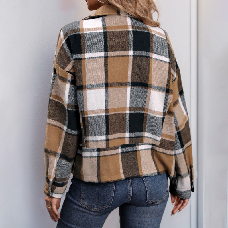Damen karierte Blazerjacke mit elegantem Stehkragen und modernem Schnitt Drune