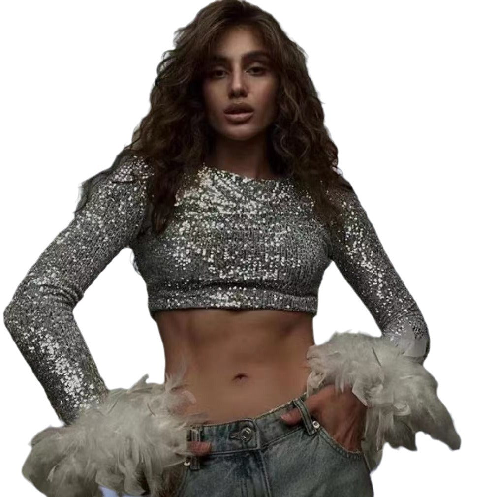 Damen Cropped Oberteil mit funkelndem Paillettenbesatz und fluffigen Ärmelbündchen Drune