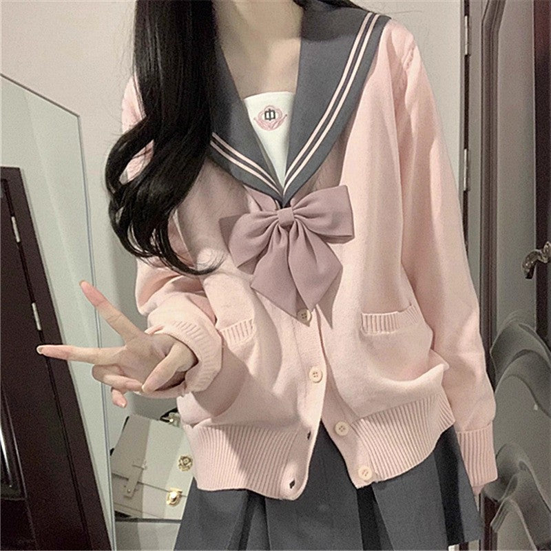 Damen College Strickjacke mit klassischem Kragen und dekorativem Schleifen-Design Drune