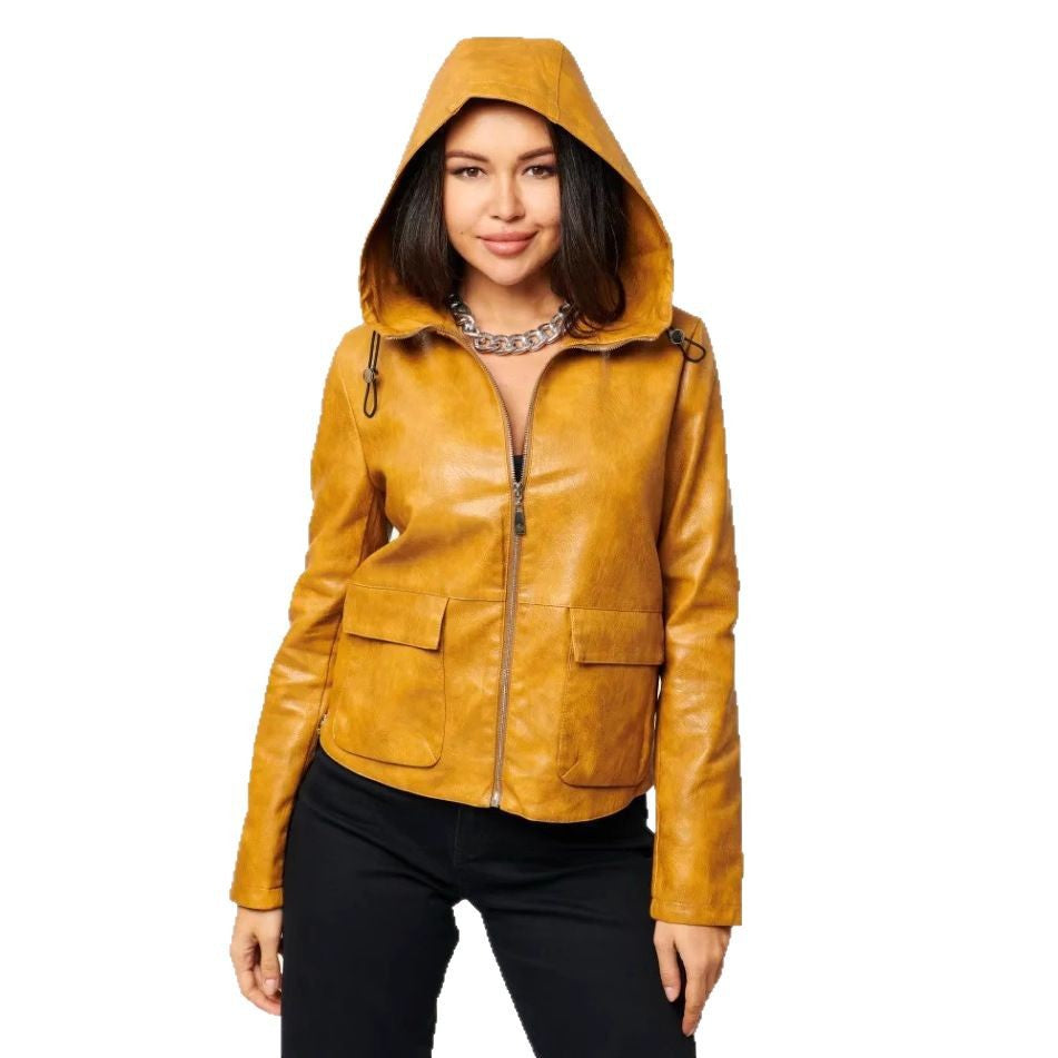Damen Kunstlederjacke mit angeschnittenem Hoodie und praktischen Taschen Drune