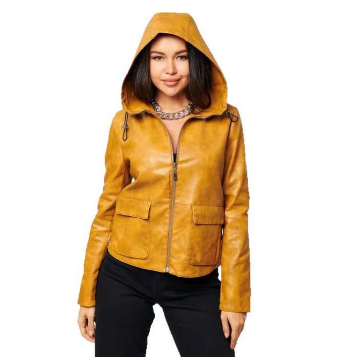 Damen Kunstlederjacke mit angeschnittenem Hoodie und praktischen Taschen Drune