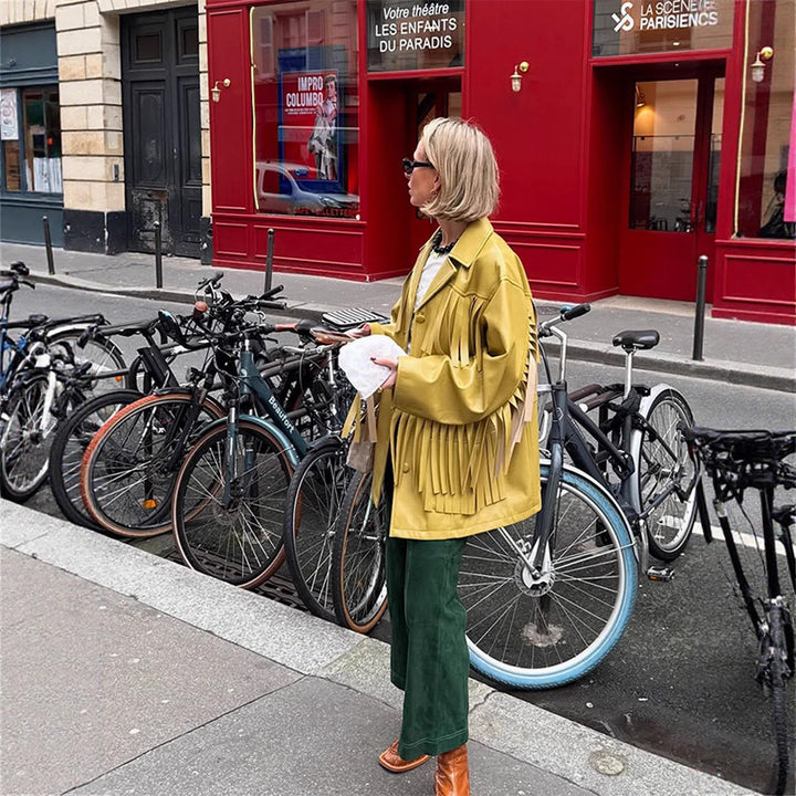 Damen Kunstlederjacke mit Fransen und praktischen Taschen Drune
