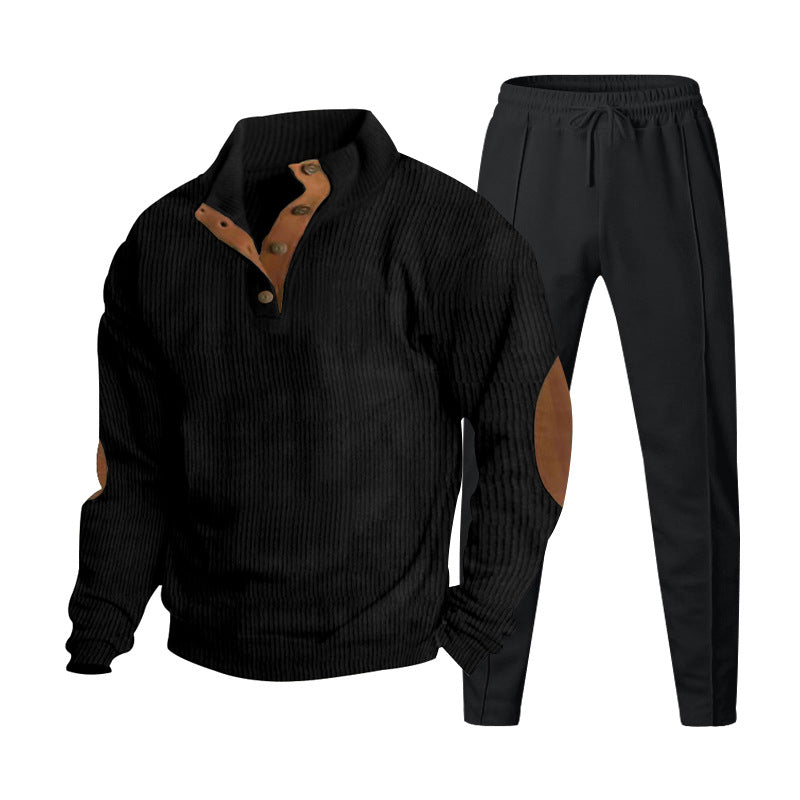 Herren nan gerippter Henley-Freizeitanzug mit dekorativer Knopfleiste und Wildleder-Ellenbogenpatch konisch geschnittene Jogginghose Drune