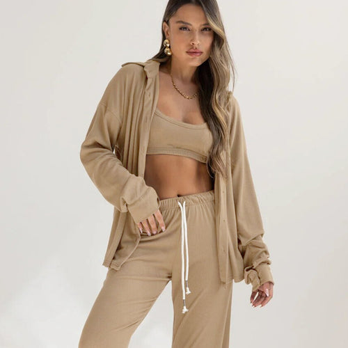 Damen lässiges Freizeit-Set mit langärmliger Jacke und weiten Hosen Drune