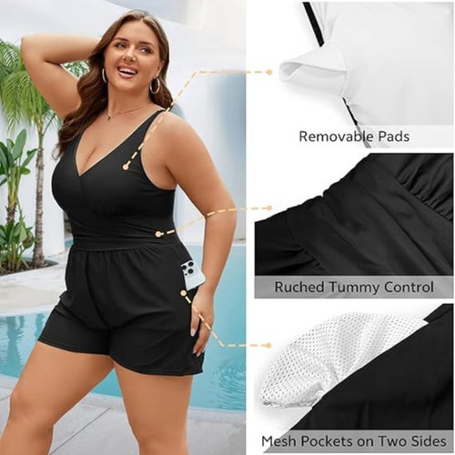 Damen Playsuit mit tiefem V-Ausschnitt und seitlichen Taschen Drune
