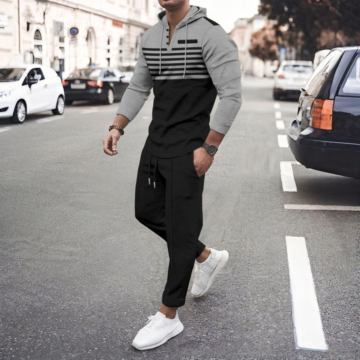 Herren nan Henley-Kapuzen-Lounge-Set mit Streifenpasse, Halbknopfleiste und konischer Jogginghose Drune