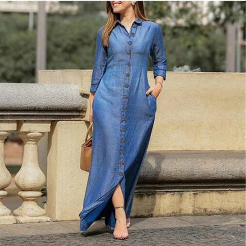 Damen Langarm-Maxikleid mit Knopfleiste und seitlichen Taschen Drune