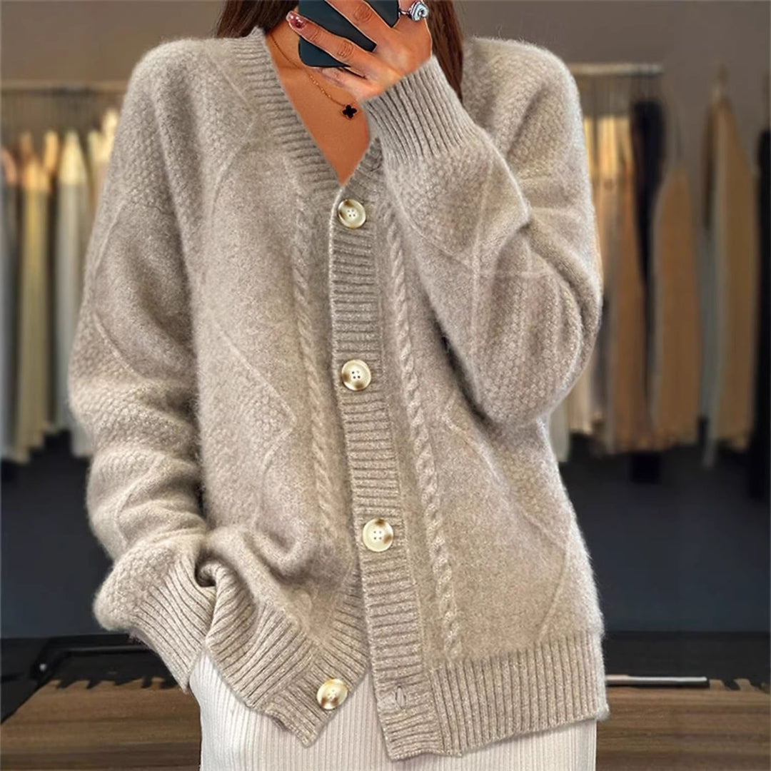 Damen nan Oversize Strickcardigan mit Zopfmuster V-Ausschnitt und Perlmuttknöpfen Drune