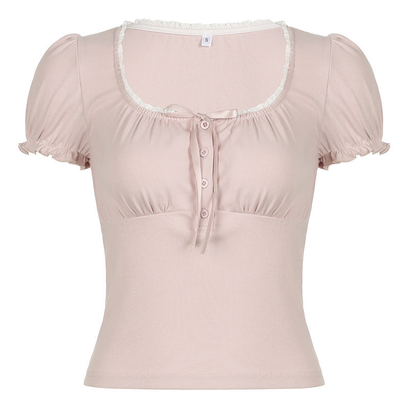 Damen Kurzarmshirt mit dekorativen Rüschendetails und Knopfleiste Drune