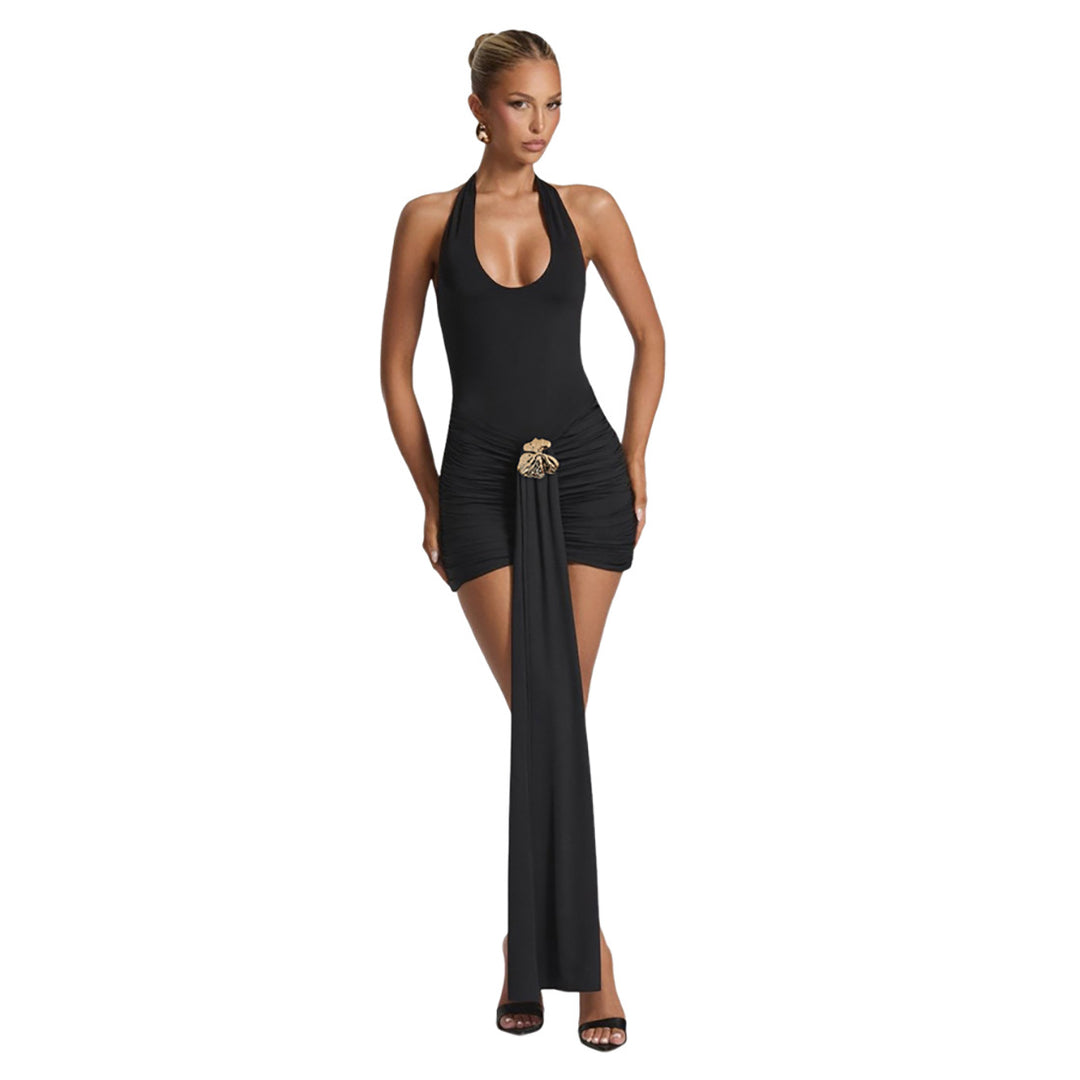 Damen Elegantes Mini-Kleid mit tiefem V-Ausschnitt und seitlichem Schal Drune