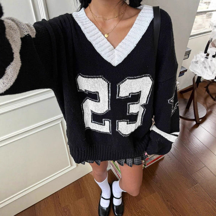 Damen Sportlicher V-Ausschnitt Pullover im lässigen College-Stil Drune