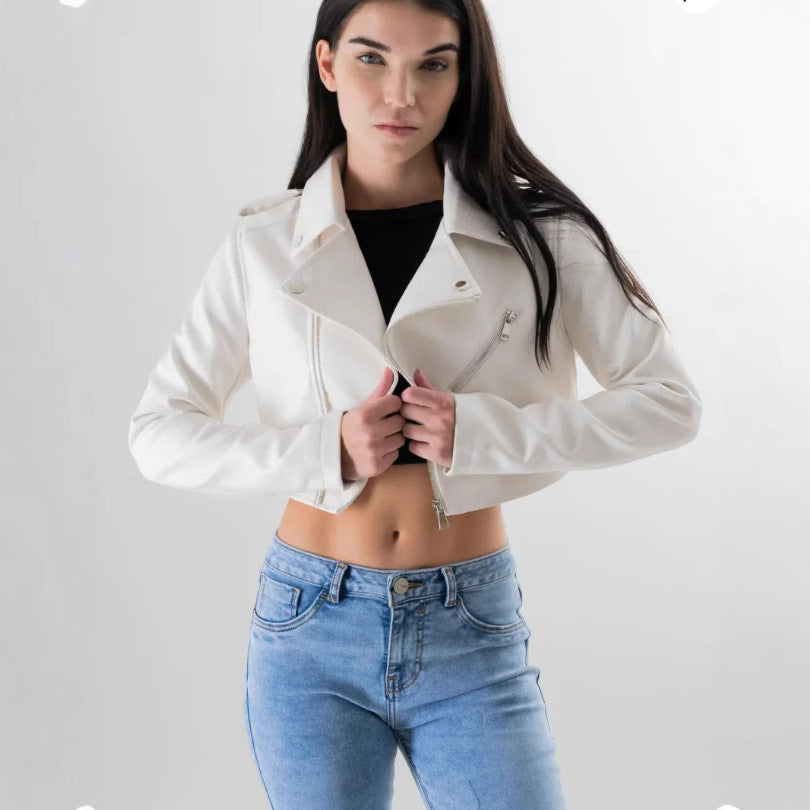 Damen modische cropped Bikerjacke aus Kunstleder Drune