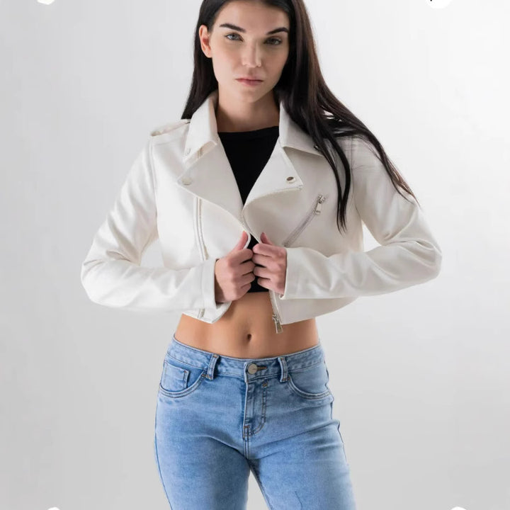Damen modische cropped Bikerjacke aus Kunstleder Drune
