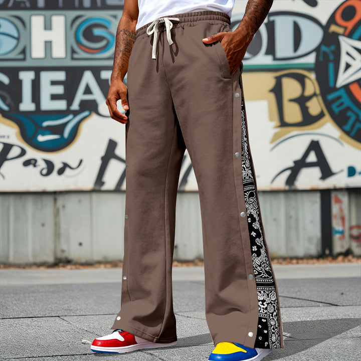 Herren nan weit geschnittene Snap-Front Jogginghose mit Paisley-Seiteneinsatz und elastischem Komfortbund Drune