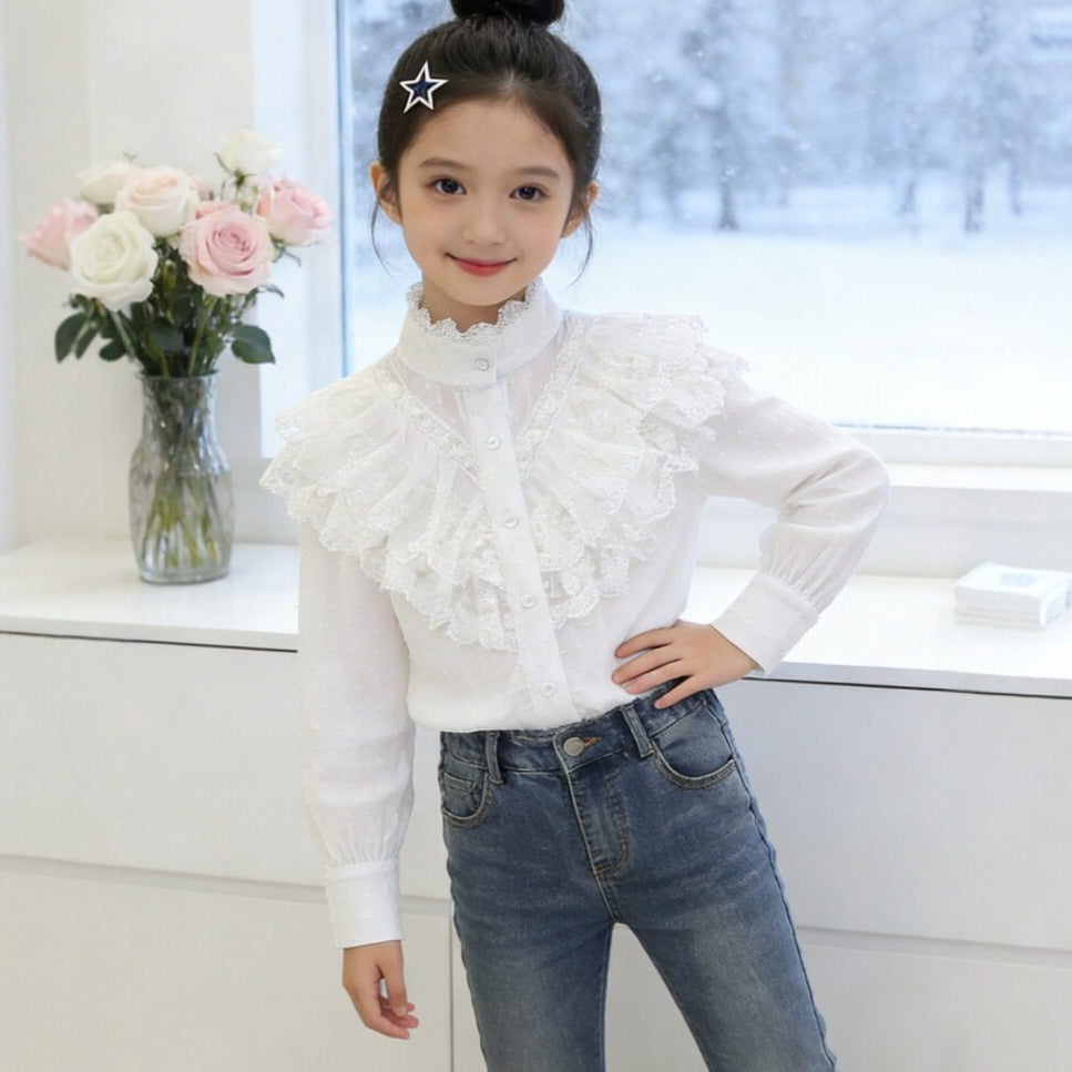 Mädchen elegante Rüschenbluse mit feinen Details Drune
