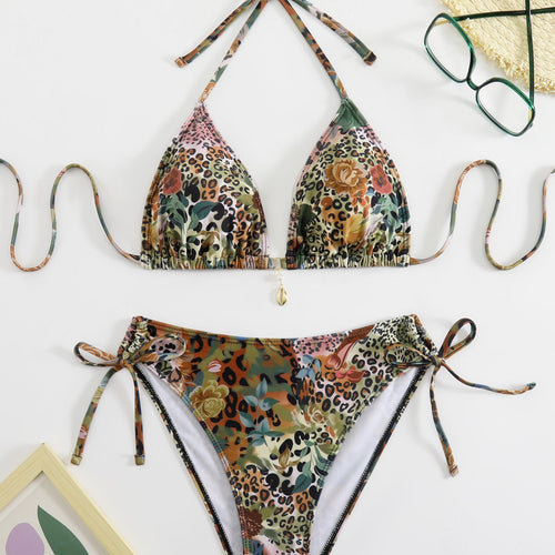 Damen Triangel-Bikini-Set mit floralem Leopardenmuster Drune