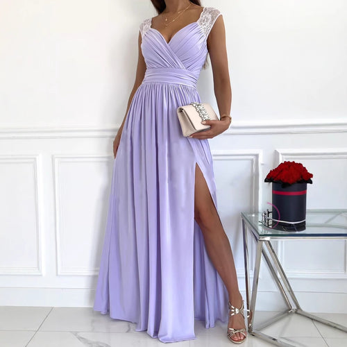 Damen Elegantes Maxikleid mit Spitzenoberteil und hohem Schlitz Drune