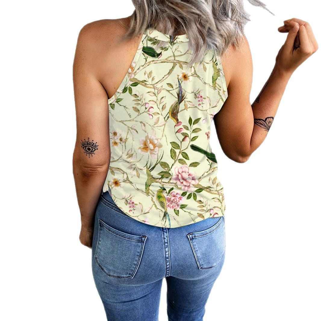 Damen ärmelloses Blumenshirt mit hohem Kragen Drune