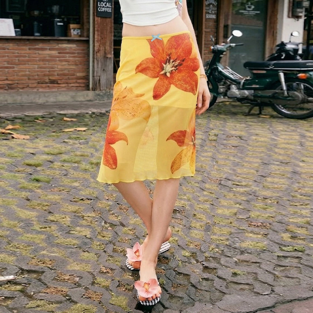 Damen Midi-Rock mit floralem Chiffon und elastischem Bund Drune