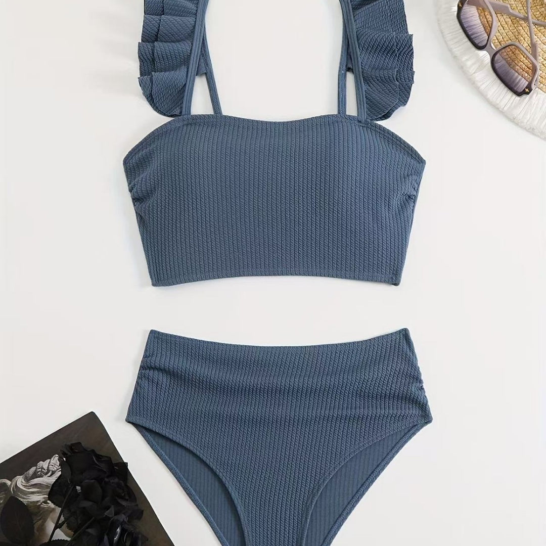 Damen Hochgeschnittenes Badeoberteil mit Rüschendetails und passendem Bikini-Unterteil Drune