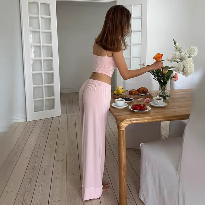 Damen Schlafanzug Set mit Spaghetti-Trägern und weitem Bein Drune