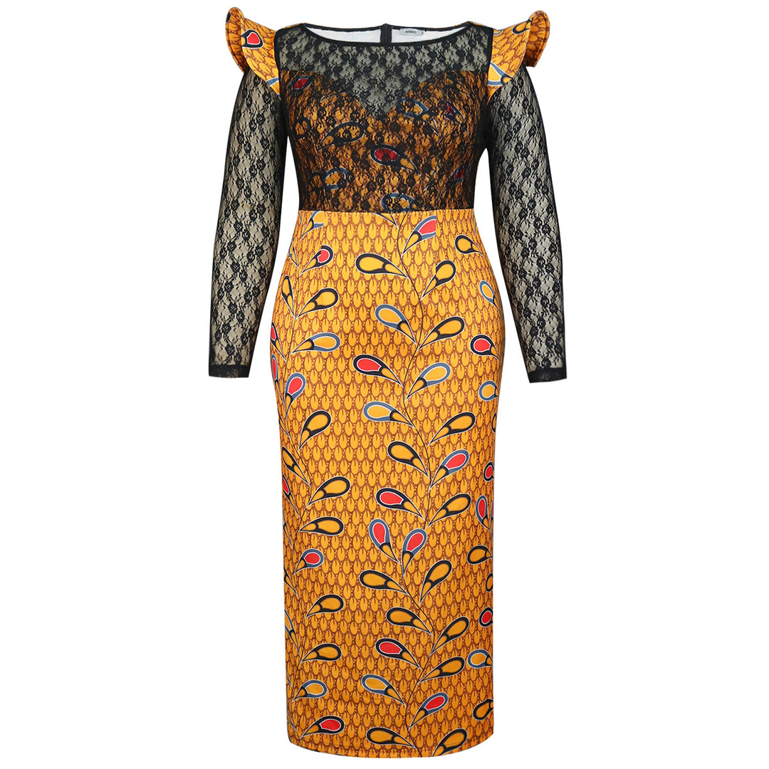 Damen Elegantes Langarmkleid mit floralem Muster und transparenter Spitzeneinlage Drune