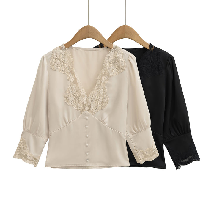 Damen elegante Bluse mit Spitzenakzenten Drune
