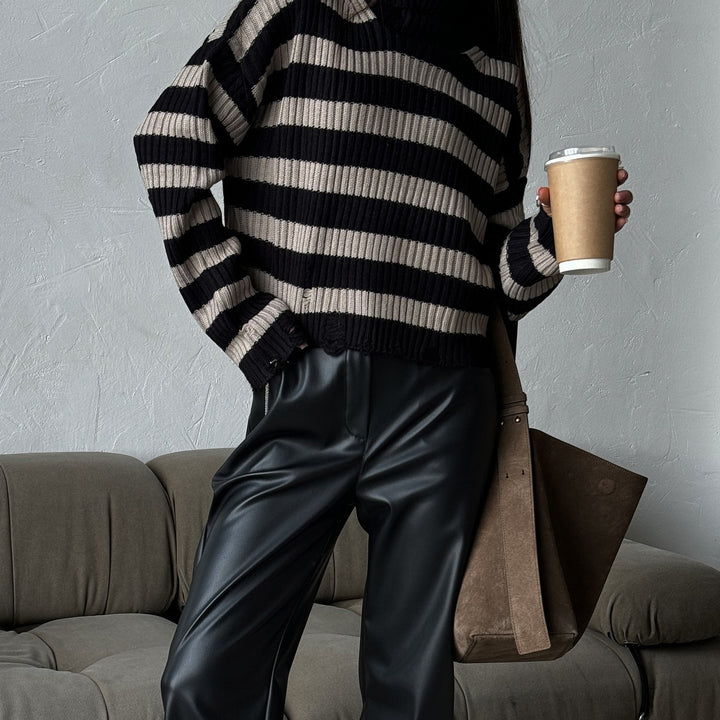 Damen modischer Oversized Pullover mit Streifenmuster Drune