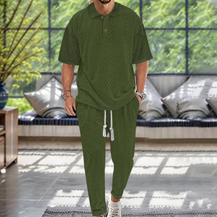 Herren nan Jacquard-Loungewear-Set mit Polokragen Kordelzugbund und konisch geschnittener Jogginghose Drune