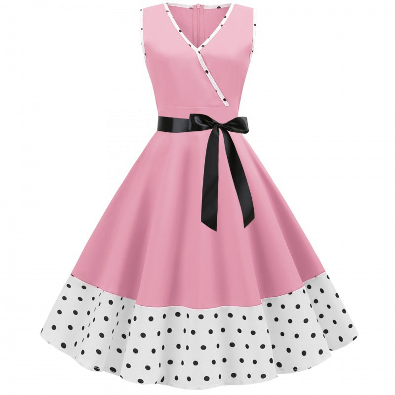 Damen Swingkleid im Vintage-Stil mit tiefem V-Ausschnitt und elegantem Taillengürtel Drune