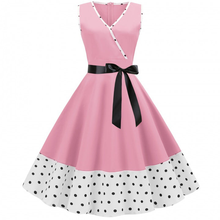 Damen Swingkleid im Vintage-Stil mit tiefem V-Ausschnitt und elegantem Taillengürtel Drune