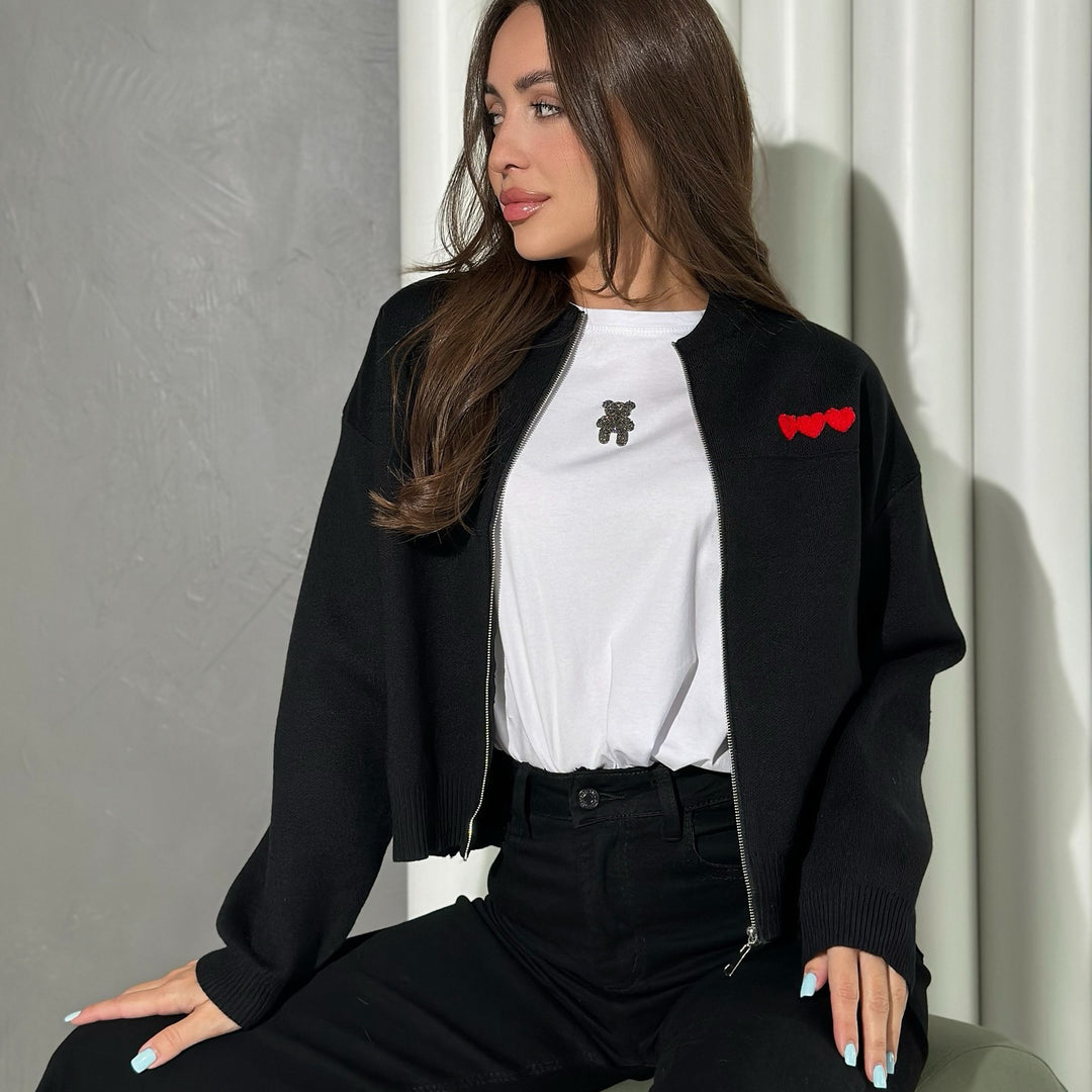 Damen lässige kurzärmlige Strickjacke mit Herzapplikationen Drune